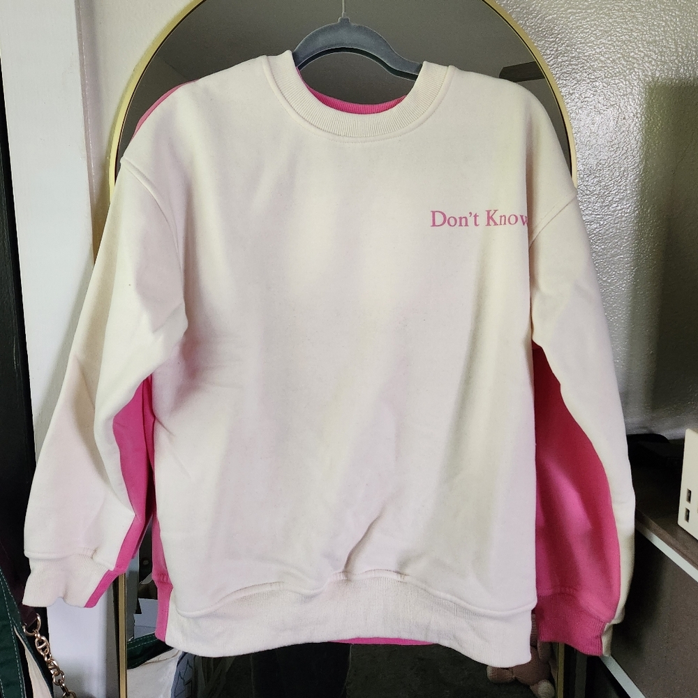 Women's Cream and Pink Crew Neck Sweater